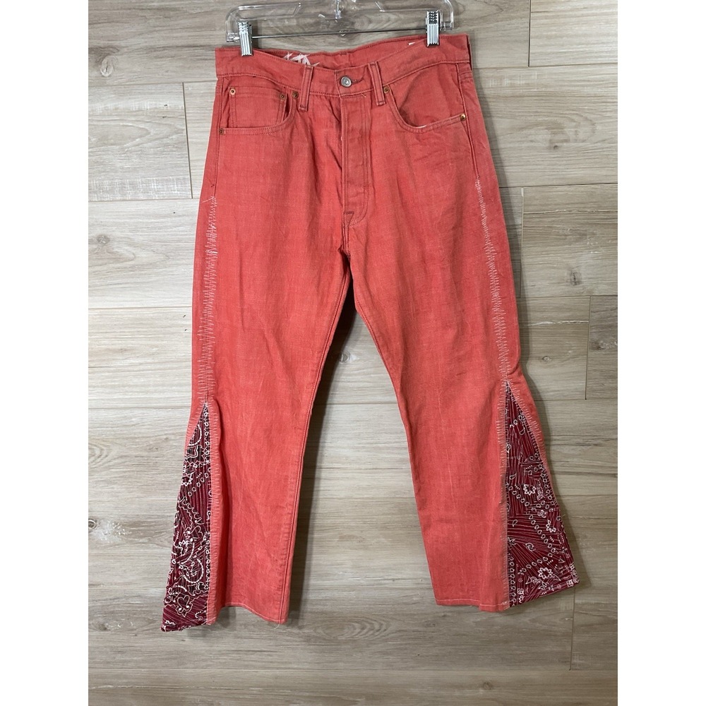 Levis Upcycled Custom Western Jeans Red Denim White Oak Cone Flare Americana 32